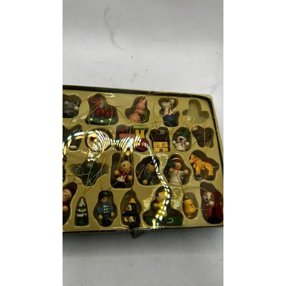 23 mini tiny vintage wood wooden christmas ornaments in box